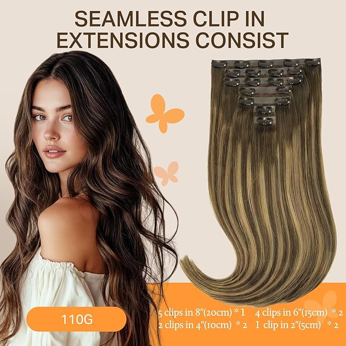 DOORES Hair Extensions Real Human Hair, Chocolate Brown to Caramel Blonde 7pcs 12 Inch 80g, Seamless Straight Remy Clip in Extensions Invisi Edge Weft