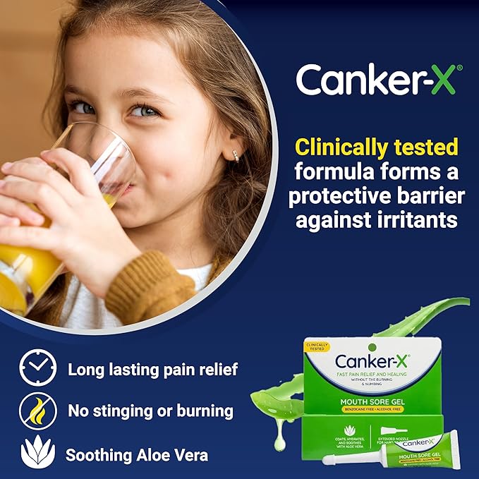 Canker-X Mouth Sore Gel, Fast Pain Relief & Healing for Canker Sores, Cheek Bites and Oral Abrasions, Oral Pain Relief Gel, Benzocaine-Free and Alcohol-Free, Adults and Kids 6+ Years, 0.28 fl oz