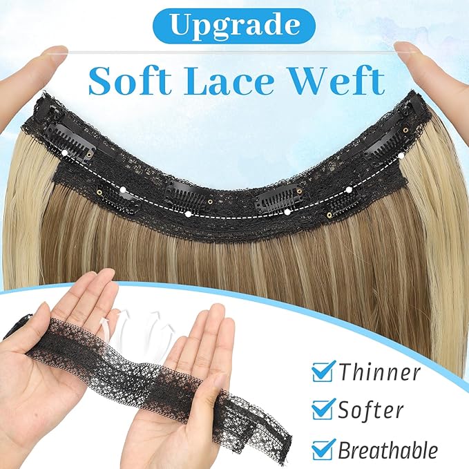 KooKaStyle Invisible Wire Hair Extensions Long Wavy Layered Synthetic with Transparent Wire Adjustable Size 6 Secure Clips Hairpieces for Women 20 Inch (Brown with Golden Blonde Highlight)