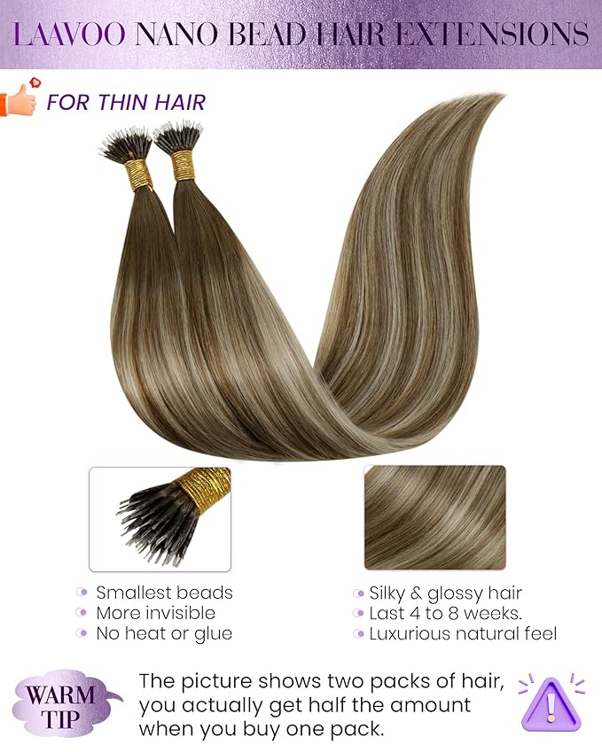 LaaVoo Nano Ring Hair Extensions Brown Nano Bead Hair Extension Human Hair Balayage Dark Brown to Light Brown and Blonde Nano Extensions 14 inch 50g 50s