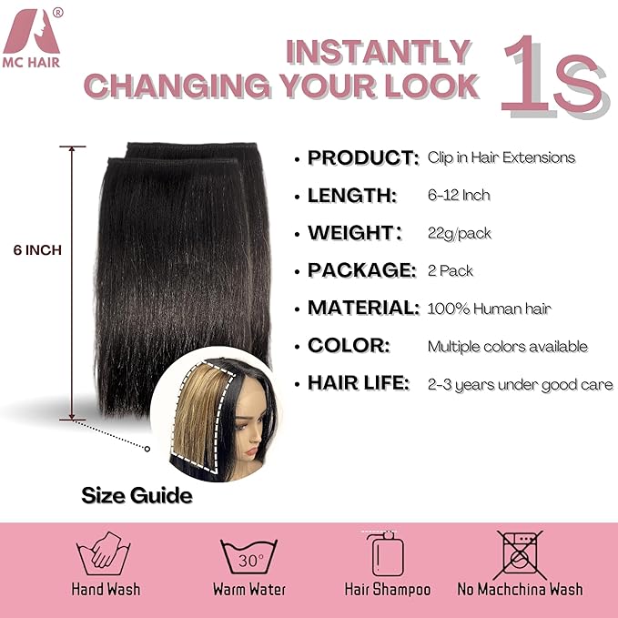 2 Pcs Short Hair Extensions, Human Hair Pieces for Women Adding Volume 8 Inch Natural Black