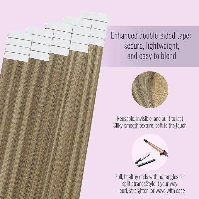 Fshine Hair Extensions Tape in Real Human Hair 22 Inch Golden Brown Mixed Dark Ash Blonde Highlighted Tape in Extensions Human Skin Weft Soft 20 pcs 50 g, Perfect for Party, Birthday