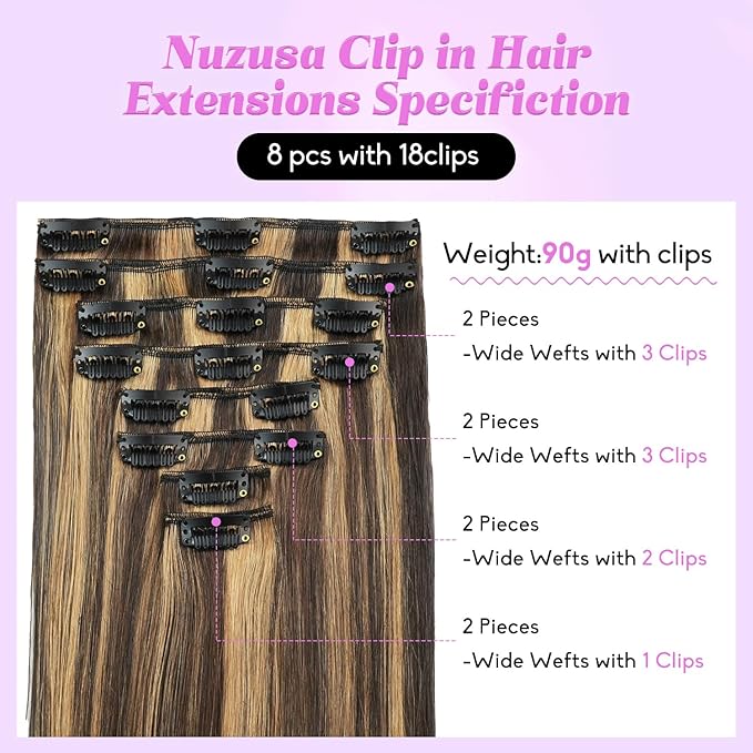 Clip in Hair Extensions Real Human Hair 8pcs Per Set with Double Weft 100% Seamless Hair Extensions for Women #Dark Brown Highlight Chestnut Brown 16inch 90g/3.0