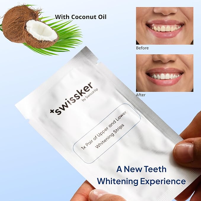 Swissker by Swissklip ShineStrips Teeth Whitening Strips, Enamel Safe, Dentist Formulated, Visible Results in 2–3 Treatments, 28 Strips (14 Upper + 14 Lower)