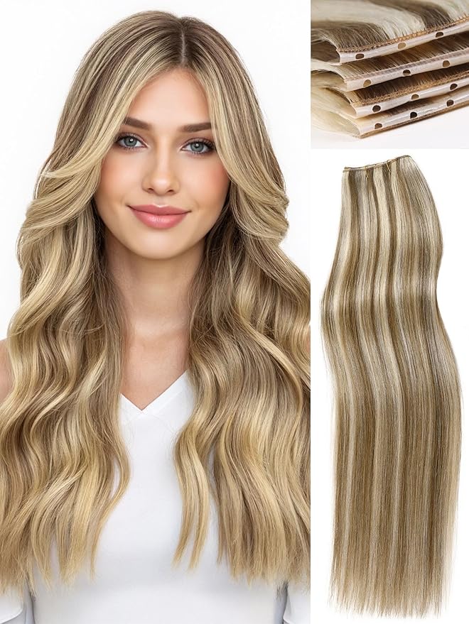 WIGNEE New Double Layered PU OVO Hair Extensions Blonde Ombre Straight Human Hair Weft with Holes 100% Remy Human Hair 20 Inch Human Hair Extensions Glueless for Thin Hair(9A/60)