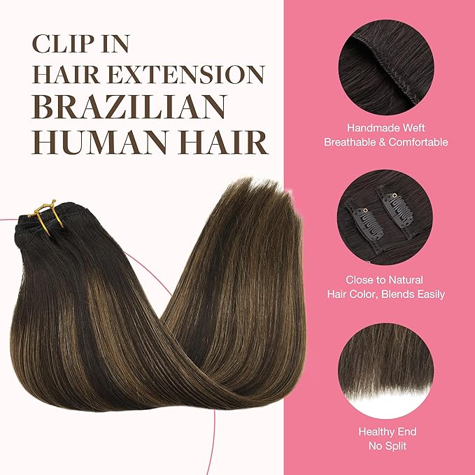 GOO GOO Clip in Hair Extensions Real Human Hair, Remy Human Hair Extensions Clip ins for Women, Natural Human Hair, 20inch 150g 9Pcs, 2/6/2 Balayage Dark Brown to Chestnut Brown