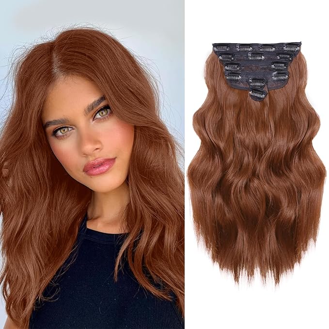 NAYOO Clip in Hair Extensions for Women 14 Inch Short Wavy Curly Auburn Hairpieces Full Head Synthetic Hair Hairpieces(6PCS,Auburn)