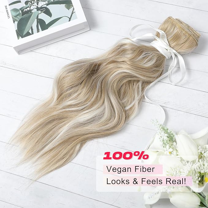 Hair Extensions, 14" Short Clip in Hair Extensions 4PCS Beach Wave Blonde Natural Soft Synthetic Hairpiece for Women - Ash Blonde with Highlights