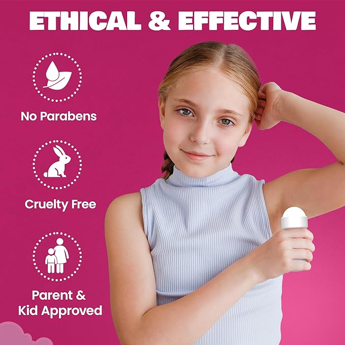 Fresh Kidz Roll On Deodorant for Kids and Teens - Baking Soda and Aluminum-free 24 Hour Protection for Sensitive Skin - Girls "Pink" 1.86 fl.oz. (2 Pack)