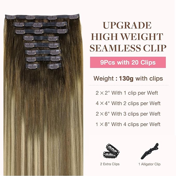 GOO GOO Clip in Hair Extensions Real Human Hair, Remy Human Hair Extensions Clip ins for Women, Natural Human Hair, 14inch 130g 9Pcs, 3/8/613 Balayage Walnut Brown to Ash Brown and Bleach Blonde