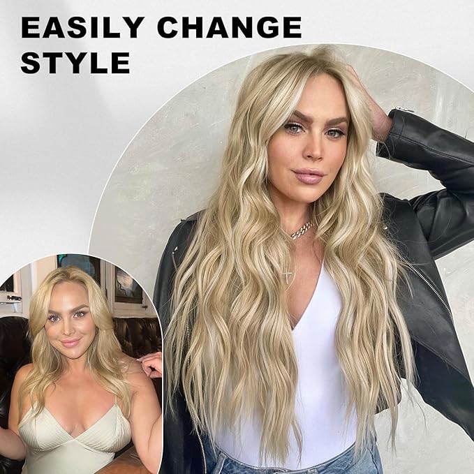 ALXNAN Clip in Long Wavy Synthetic Hair Extension 24 Inch Dirty Blonde 4PCS Thick Hairpieces Fiber Double Weft Hair for Women