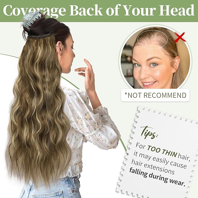 KooKaStyle Invisible Wire Hair Extensions with Transparent Headband Adjustable Size 4 Secure Clips Long Wavy Secret Wire Hairpiece 24 Inch for Women(Medium Brown with Blonde)626D#