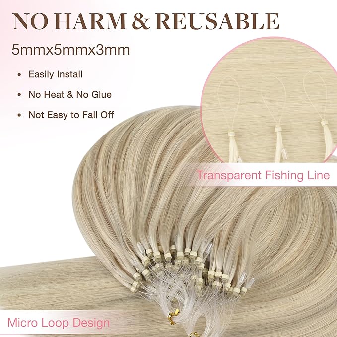 GOO GOO Micro Link Tip Hair Extensions, Real Human Hair, 16inch 50g 50S, Cold Fusion, Invisible Remy, 17A/60A Ash Blonde Highlighted Platinum Blonde