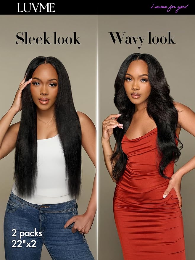 LUVME Yaki Straight Seamless 2 Pack 220g 14Pcs Clip in Hair Extensions Full Max with 26inch Remy Human Hair Extension, Natural Black 100% Real Soft Hair