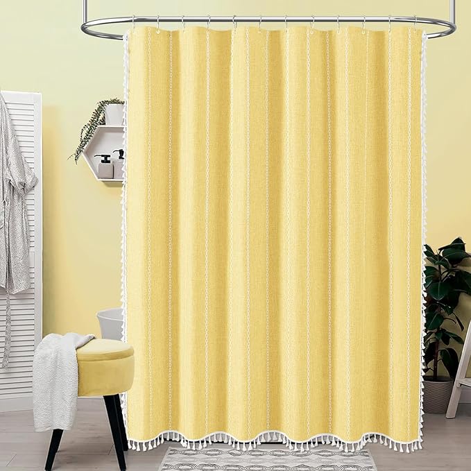 BTTN Extra Long Shower Curtain, 72x96 Long Striped Boho Chic Linen Fabric Heavy Duty Shower Curtain with Hooks, Tall Bohemian Farmhouse Rustic Luxury Tassel Cloth Shower Curtain for Bathroom, Yellow