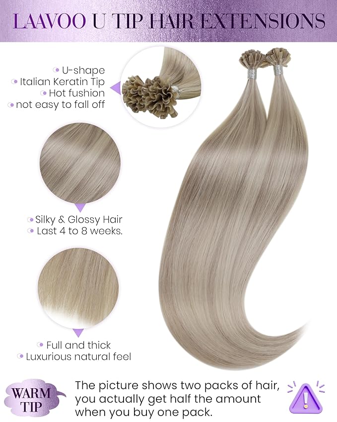 LaaVoo K Tip Hair Extensions Real Human Hair Blonde Utip Hair Extensions Ash Blonde Mixed With Bleach Blonde Ktip Human Hair Extensions 100g/100s 20 Inch