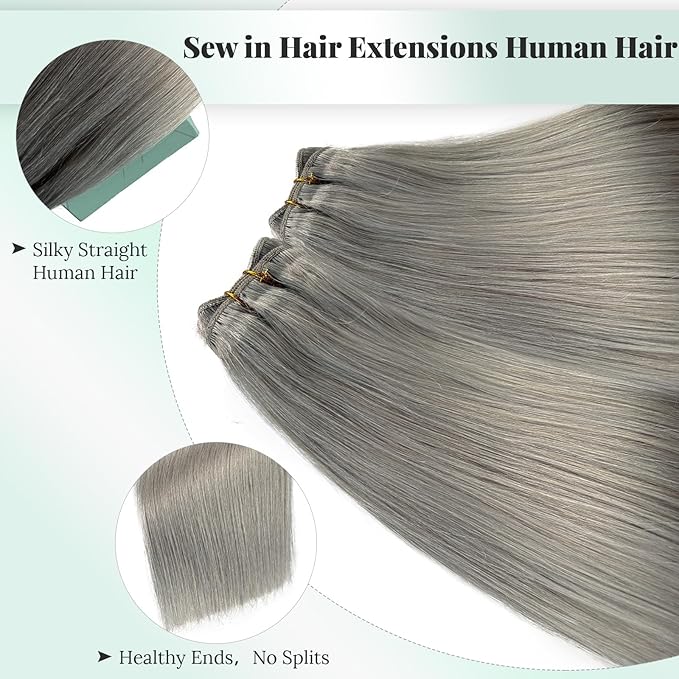 Licoville Silver Weft Hair Extensions, 18 Inch Soft Straight Real Remy Human Hair, 100G Thick Ends Grey Human Hair Extensions, Sew In Hand Tied Weft Weave Bundles