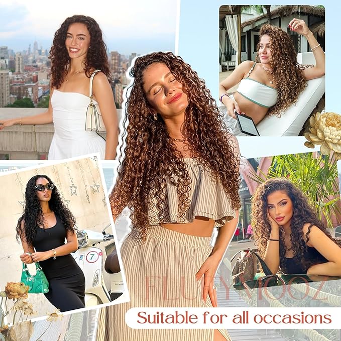 FLUFYMOOZ Clip in Hair Extensions, 18'' 4PC 100％ Pure Protein Silk Curly Hair extension for Women Lace Weft Hairpiece Natural Soft and comfortable for Daily Use-Medium Brown Ash Blonde Highlight