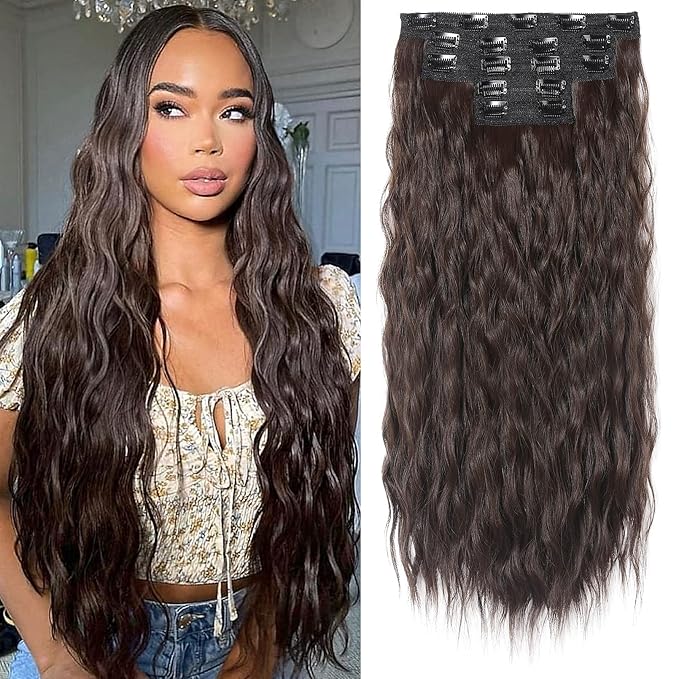 Clip in Hair Extensions, REECHO 5PCS Brown Hair Extensions 24" Thick Long Loose Waves hair extensions HE002 Invisible Lace Weft Natural Soft Hairpieces for Women – Dark Brown