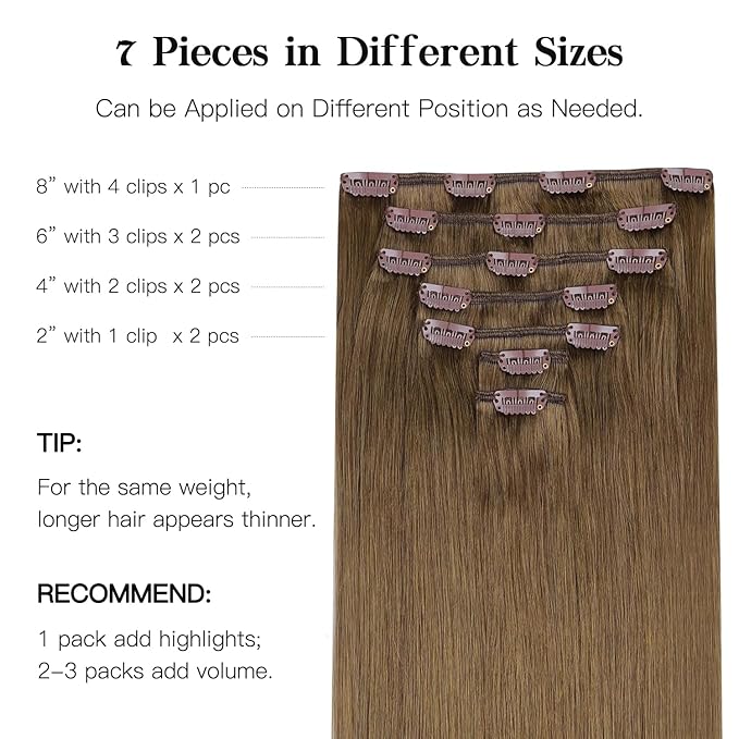 HOTBANANA Human Hair Clip in Hair Extensions, Medium Brown 120g Clip in Hair Extensions Real Human Hair Straight Remy Hair Clip in Hair Extensions 24 Inch 7pcs