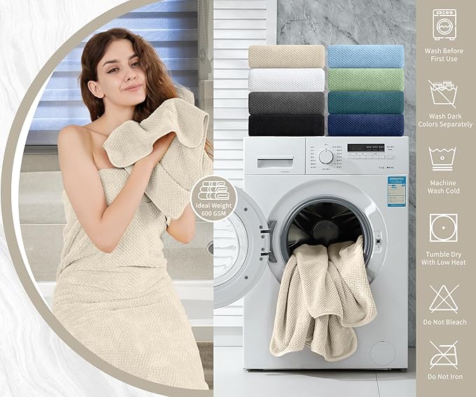 8 Piece Bathroom Towel Set |2 Oversized Bath Towels,2 Hand Towels,4 Washcloths| 600GSM Soft Large Bath Sheet Luxury Premium Microfibers Towel Highly Absorbent Quick Dry Hotel Towel Collection,Beige