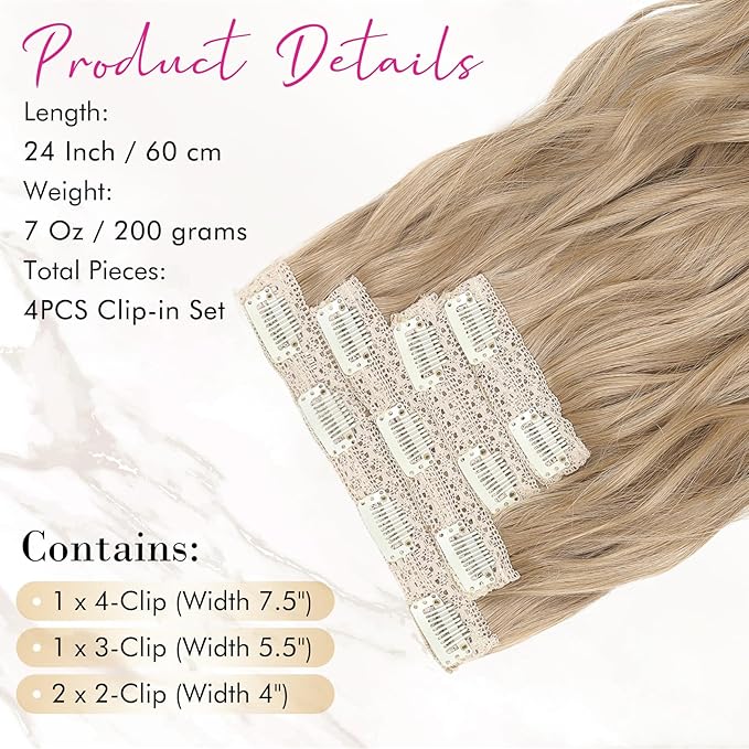 REECHO Clip in Hair Extensions, 4PCS Blonde Hair Extensions 24" Thick Long Beach Waves hair extensions HE003 Invisible Lace Weft Natural Soft Hairpieces for Women – Champagne Blonde