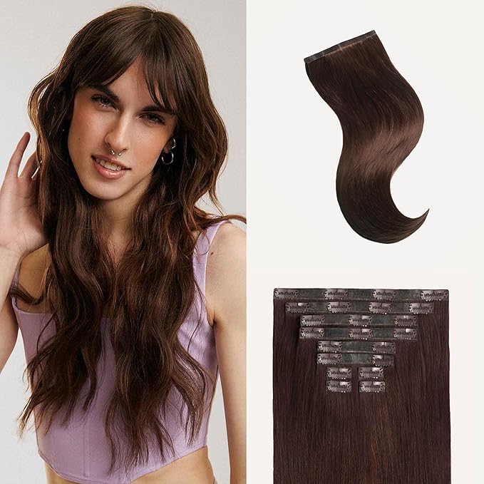 Luxy 100% Remy Human Hair - Seamless Clip-In Hair Extensions - Multi-Dimensional Color for Natural Blending, Adds Volume & Length 240 grams 24" Chocolate Brown Seamless