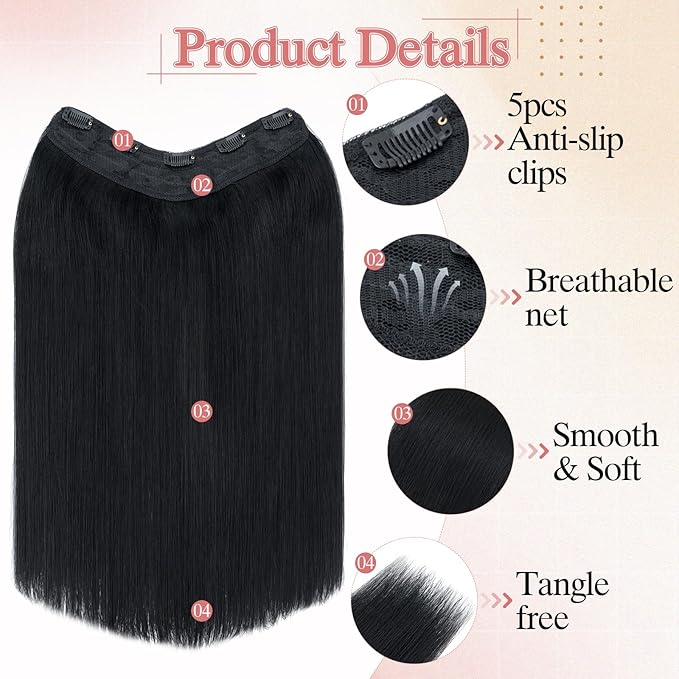 One Pieces Clip in Hair Extensions Human Hair Upgraded V-Shaped 5 Clips in Hair Extensions Human Hair Long One Piece Hairpiece for Women,14 Inch,#01 Jet Black,55g