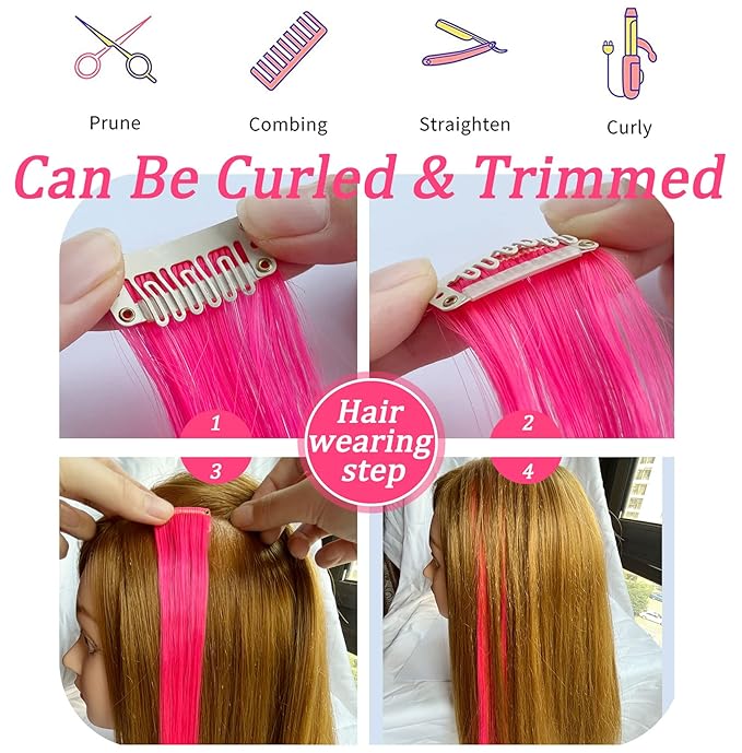 Rhyme Pink Purple Hair Extensions for Girls 21 inch Highlight Princess Party Colored Hair Extensions Clip in/on for Girls and Kids Hair Accessories Wig Pieces 8PCS (Pink Purple)