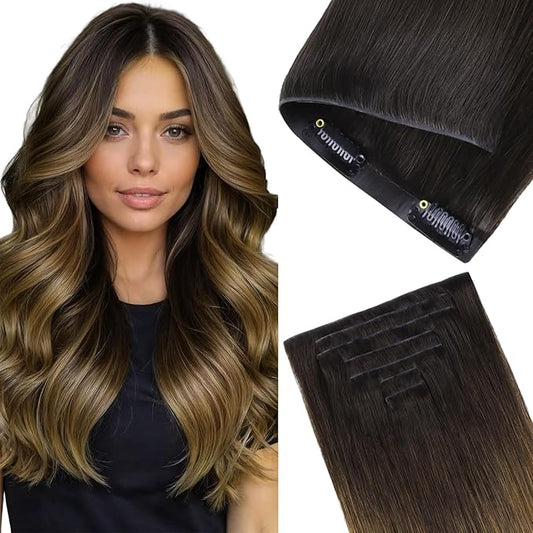 GOO GOO Invisi Edge Clip in Hair Extensions, 24inch 120g 7Pcs, Injected Seamless PU Clip in Hair Extensions, Virgin Real Human Hair, #1D/2C/4E Chocolate Dip Color Melt