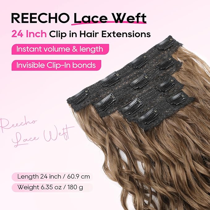 REECHO Curly Hair Extensions, 4PCS 24 inch Clip in Hair Extensions Lace Weft Short Curly Extensions Clip Ins Invisible Natural Hairpieces for Women, Light Brown