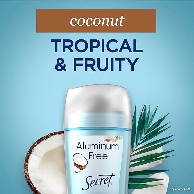Secret Aluminum Free Deodorant for Women, 48hr Odor Protection, Naturally Derived Ingredients, Free of Parabens Dyes Talc & Baking Soda, PH Balanced, Dry Solid, Coconut Scent, 2.4 oz (Pack Of 3)