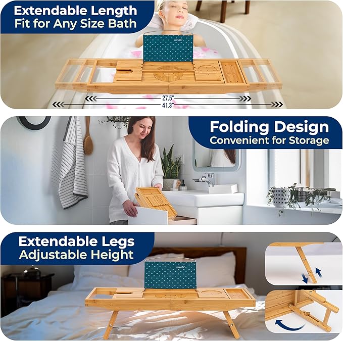 SereneLife 2 in 1 Bed and Bath Tray - Foldable Bamboo Bathtub Caddy with Adjustable Length, Non-Slip, Device Holder, Wine Glass Slot, Expandable for Comfortable Bathing (Folding, Soft Back, Gift Set)
