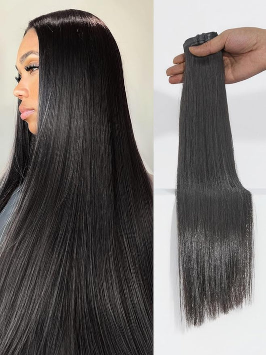 LUVME Silky Straight Seamless 110g 7Pcs Clip in Hair Extensions Full Max with 14inch Remy Human Hair Extensions, Natural Black 100% Real Soft Hair