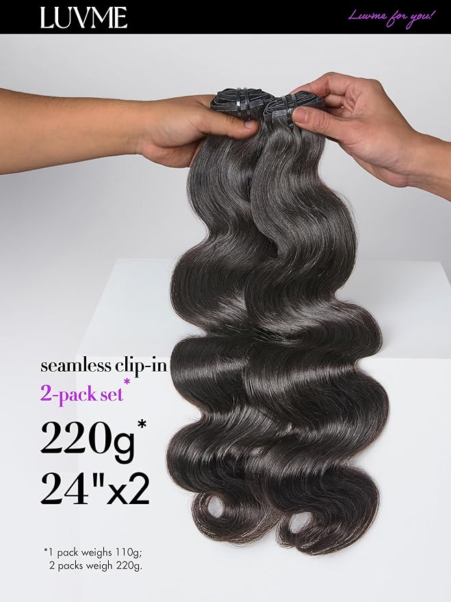 LUVME Body Wave Seamless 2 Pack 220g 14Pcs Clip in Hair Extensions Full Max with 14inch Remy Human Hair Extensions, Natural Black 100% Real Soft Hair