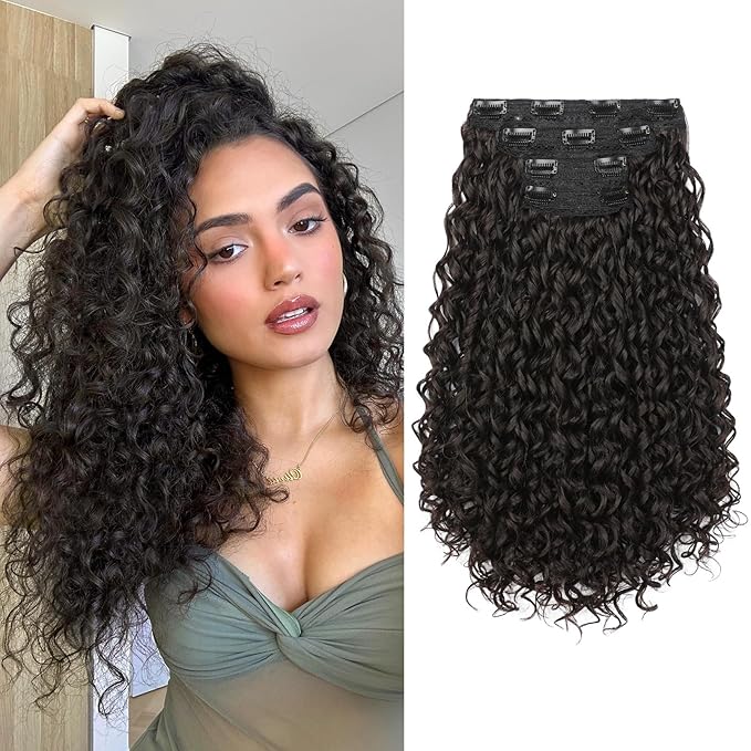 FLUFYMOOZ Clip in Hair Extensions, 18'' 4PC 100％ Pure Protein Silk Curly Hair extension for Women Lace Weft Hairpiece Natural Soft and comfortable for Daily Use-Dark Chocolate Brown