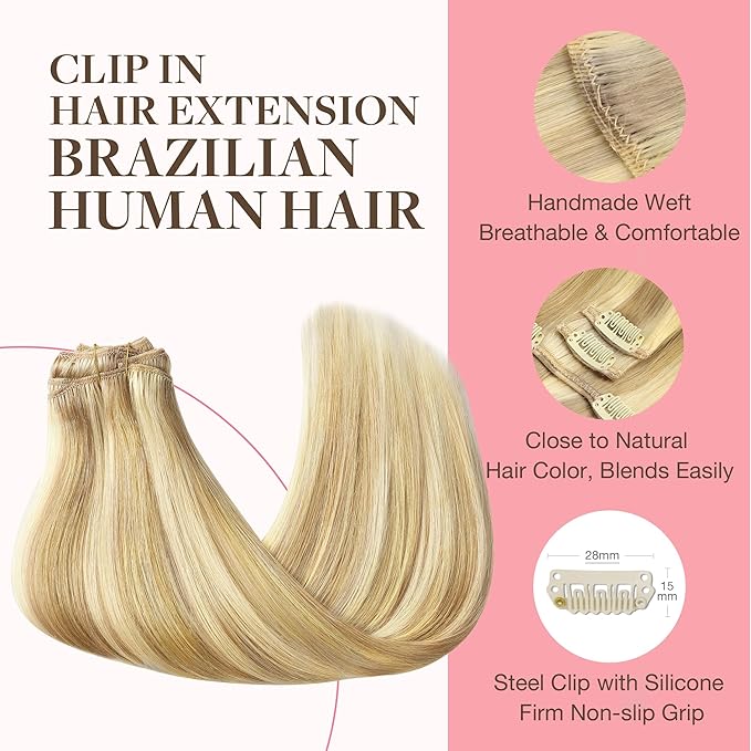 GOO GOO Clip in Hair Extensions Real Human Hair, Remy Human Hair Extensions Clip ins for Women, Natural Human Hair, 26inch 180g 7Pcs, #18D/22F Dirty Blonde Highlights