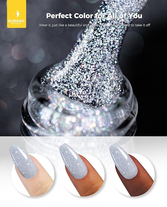 BURANO Glitter Gel Nail Polish - LED UV Curing, Holographic Effect, No Chip DiY Silver Nail Gel LP61