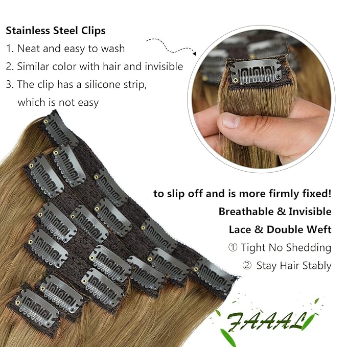18" Clip in Human Hair Extensions Full Head 150g 7 Pieces 16 Clips 8# Light Brown Double Weft Brazilian Real Remy Hair Extensions Thick Straight Silky (18" 150g, Light Brown)