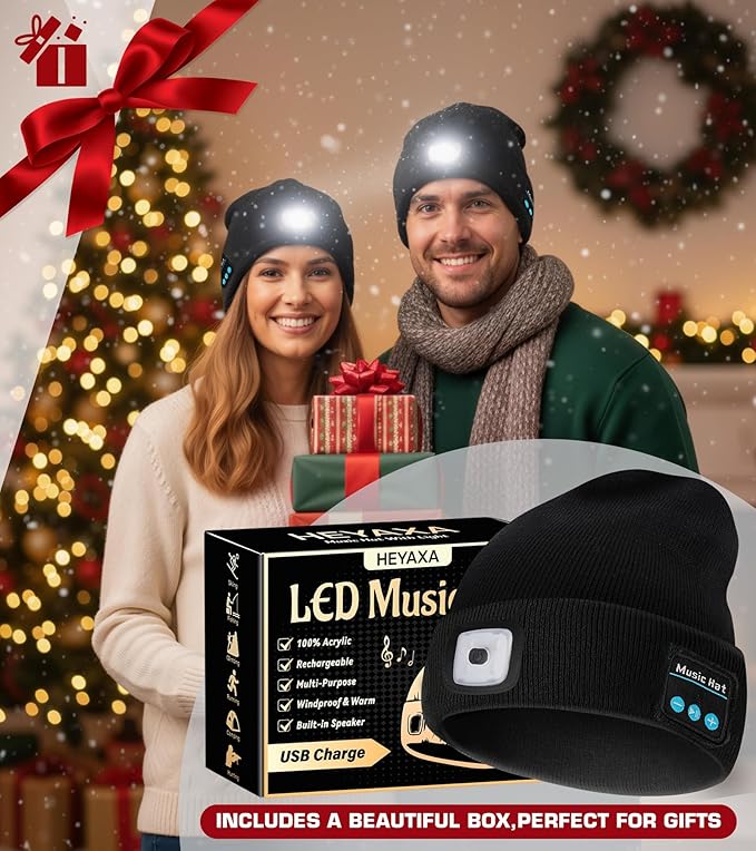Bluetooth Beanie Hat, USB Rechargeable 4 LED Wireless Music Running Headlamp Cap, Gifts for Christmas, Stocking Stuffer & White Elephant Gifts for Men, Women, Him, Her