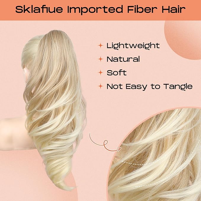 SEIKEA Ponytail Extension, 18" Wavy Claw Clip in Hair Extensions for Women, Lightweight Fluffy Synthetic Ponytail Hairpiece, Natural Soft & Easy to Wear, for Short & Medium Hair Dark Light Blonde