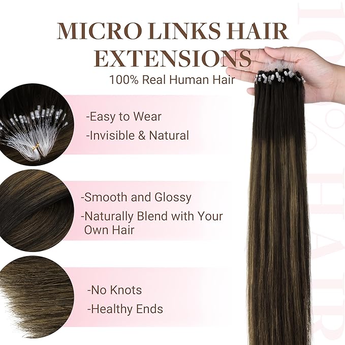 GOO GOO Micro Link Hair Extensions Real Human Hair, Upgraded 100g 100S, 22 Inch Cold Fusion Microlinks, Invisible Remy Hair, 1B/6/1B Balayage Natural Black to Chestnut Brown