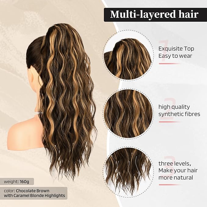 FLUFYMOOZ Ponytail Extension, 22 Inch Drawstring Ponytail Hair Extensions for Women， Long Curly Wavy Ponytail Natural Wavy Synthetic Hairpiece for Women(22 Inch Brown with Blonde Highlights)