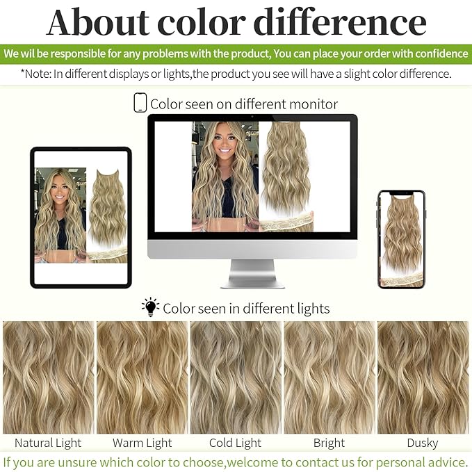 KooKaStyle Invisible Wire Hair Extensions with Transparent Wire Adjustable Size 4 Secure Clips Long Wavy Secret Hairpiece (24 Inch,Dark Ash Blonde mix Light Blonde Highlights)