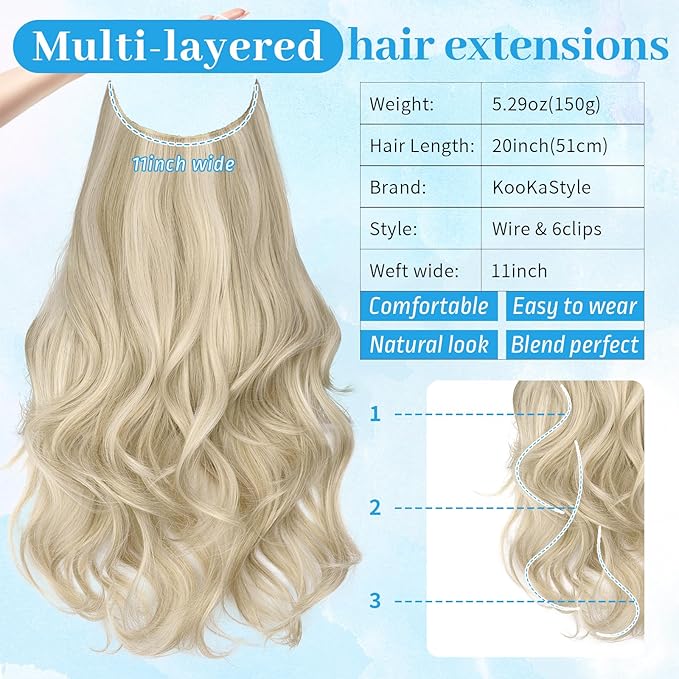 KooKaStyle Invisible Wire Hair Extensions Long Wavy Layered Synthetic Hairpieces with Transparent Wire Adjustable Size 6 Secure Clips Light Brown with Platinum Blonde for Women 20 Inch