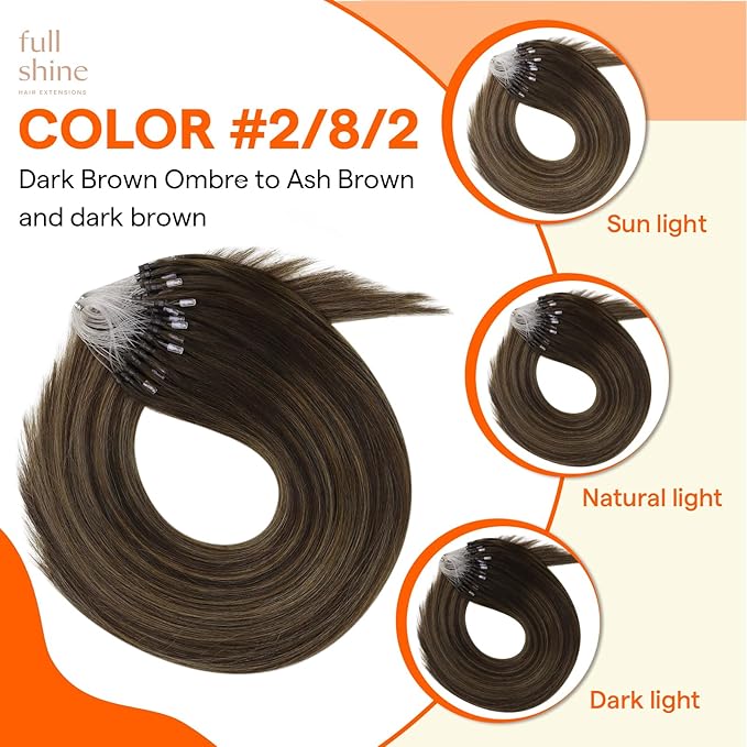 Full Shine Micro Link Hair Extensions Human Hair Color 2/8/2 Dark Brown Mixed with Ash Brown 22 Inch Long Straight Hair Micro Loop Hair Extensions 50G with 7G Micro Beads add Length