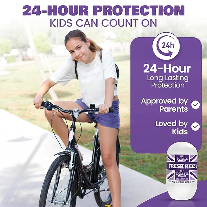 Fresh Kidz Roll On Deodorant for Kids and Teens - Baking Soda and Aluminum-free 24 Hour Protection for Sensitive Skin - Girls "Purple" 1.86 fl.oz. (3 Pack)