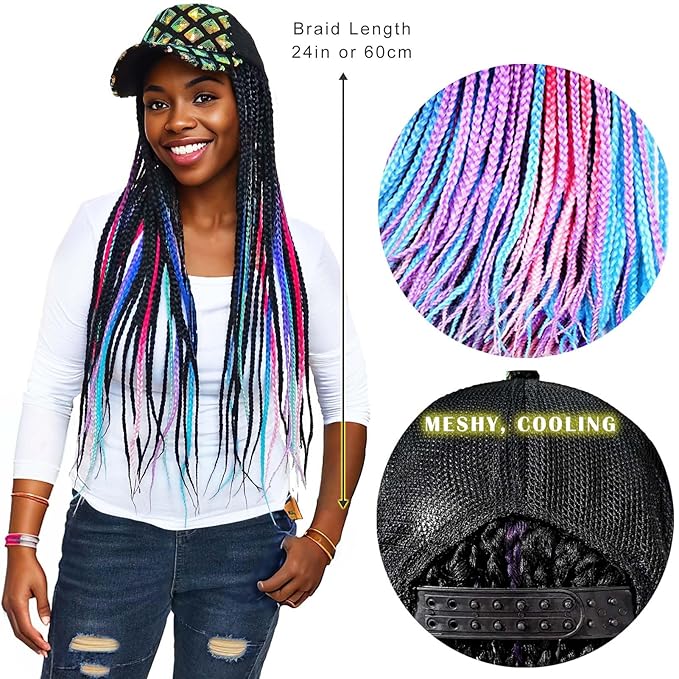 Cooling Mesh Baseball Cap Wig 24" Multi-colored Box Braid Hair Extensions, Long Braided Hair for Women Girls