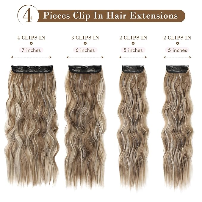 REECHO Hair Extensions, 4PCS Clip in Hair Extensions HE001 Natural Soft Synthetic Hairpieces for Women (20 Inch-200 Gram (Pack of 4), Ash Brown with Platium Highlights)