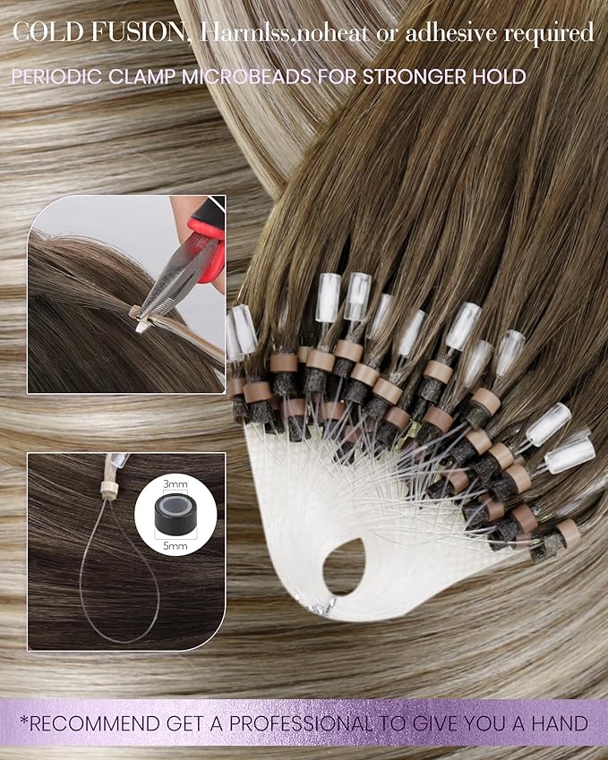 LaaVoo Micro Link Hair Extensions Human Hair Balayage Microlink Hair Extensions Ombre Ash Brown to Platinum Blonde Cold Fusion 20inch 50g/50s